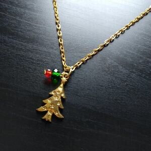 Gold Holiday Tree Necklace 19" Christmas fashion costume jewelry green red